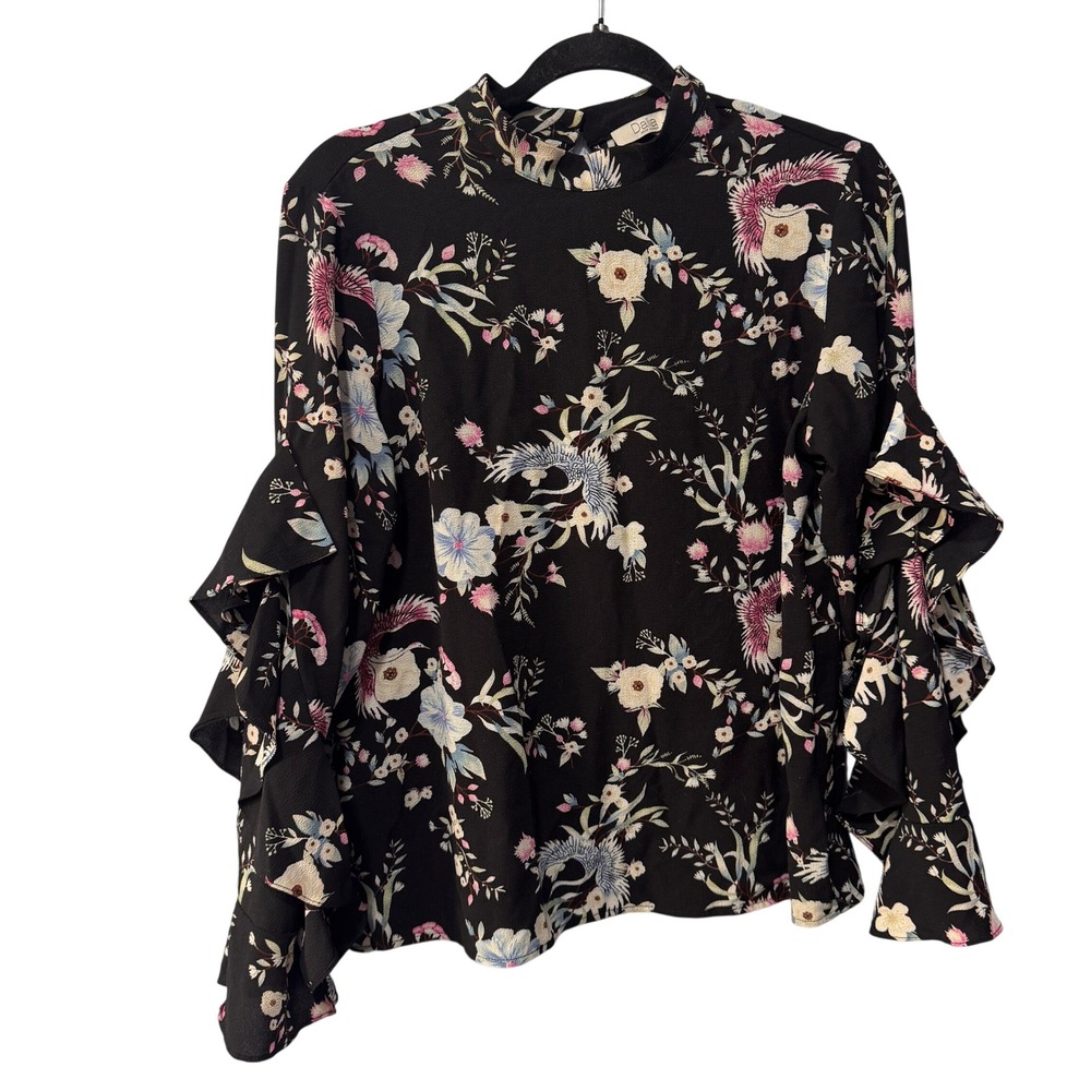 Dalia Women Black Floral Mock Neck Ruffle Tiered Sleeve Blouse MB7615-739PW87 L